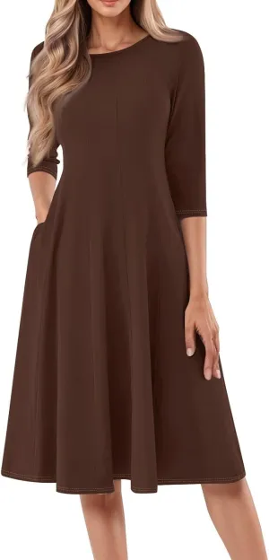 Formal Casual Dresses for Women 2025 Summer Spring 3/4 Sleeve Midi Casual Swing Pleated A Line Dress
