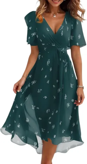 Formal Dresses for Women,Wrap Flowy Wedding Womens Midi Dress Chiffon Summer Sexy Dresses for Women Prom Cocktail