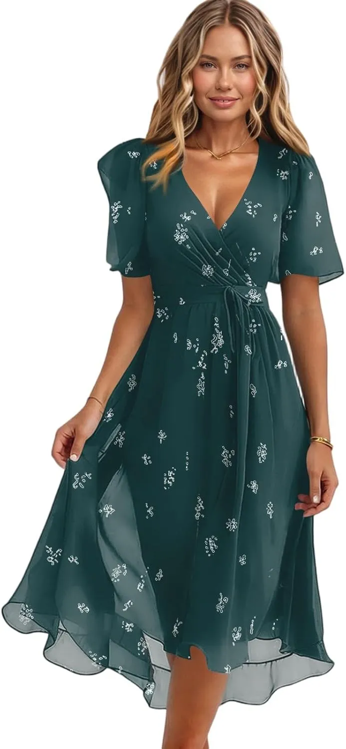 Formal Dresses for Women,Wrap Flowy Wedding Womens Midi Dress Chiffon Summer Sexy Dresses for Women Prom Cocktail