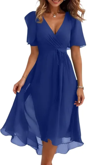 Formal Dresses for Women,Wrap Flowy Wedding Womens Midi Dress Chiffon Summer Sexy Dresses for Women Prom Cocktail