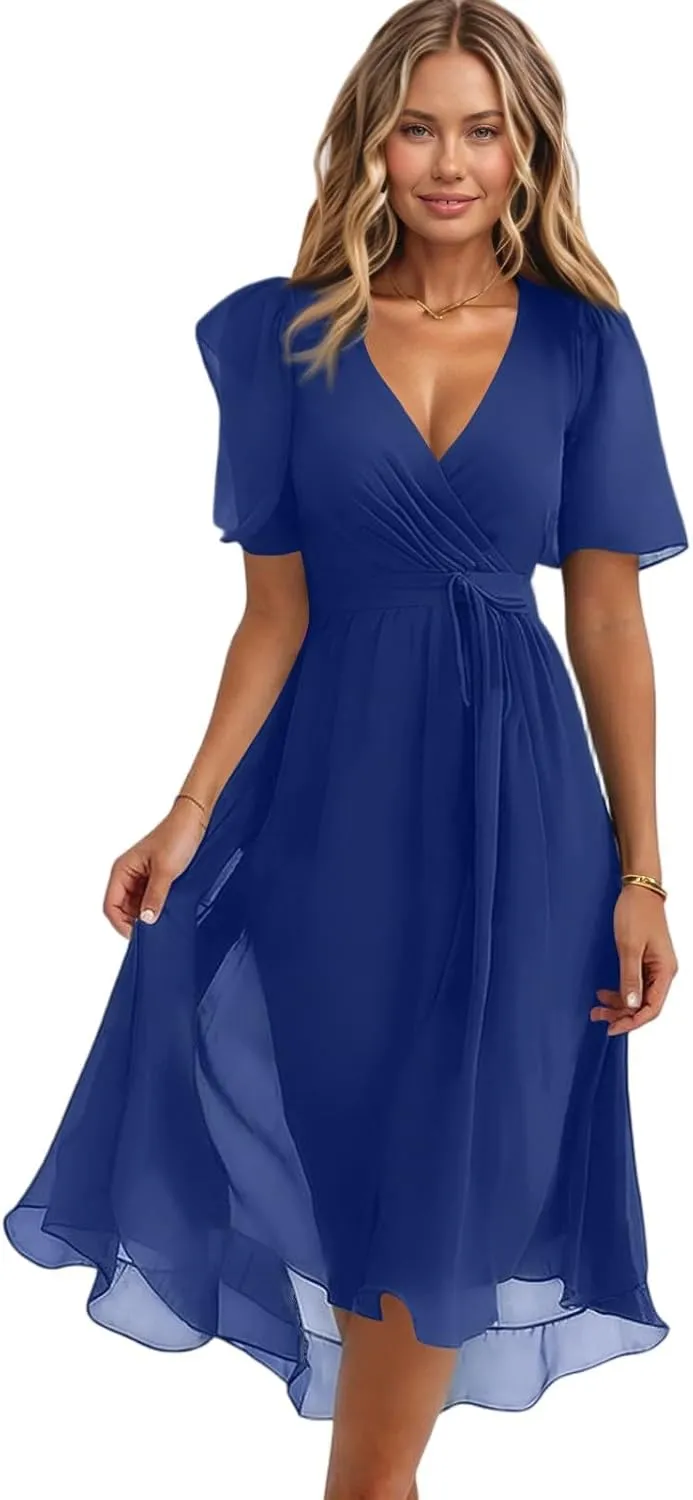 Formal Dresses for Women,Wrap Flowy Wedding Womens Midi Dress Chiffon Summer Sexy Dresses for Women Prom Cocktail