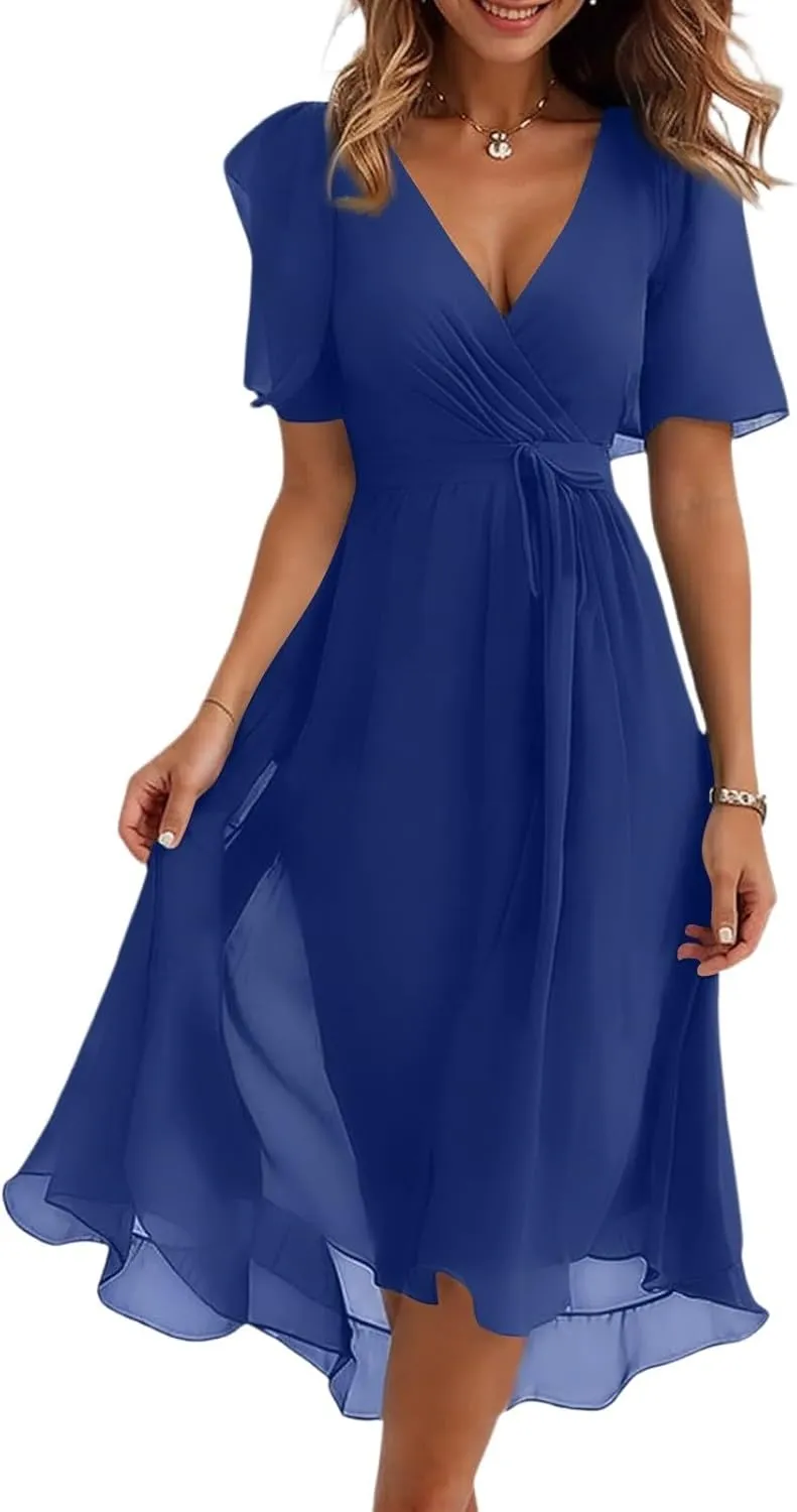 Formal Dresses for Women,Wrap Flowy Wedding Womens Midi Dress Chiffon Summer Sexy Dresses for Women Prom Cocktail