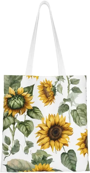 (Fresh Sunflower) Reusable Canvas Tote Bag For Women Lightweight Handbag Shopping Bag Stylish Shoulder Bag