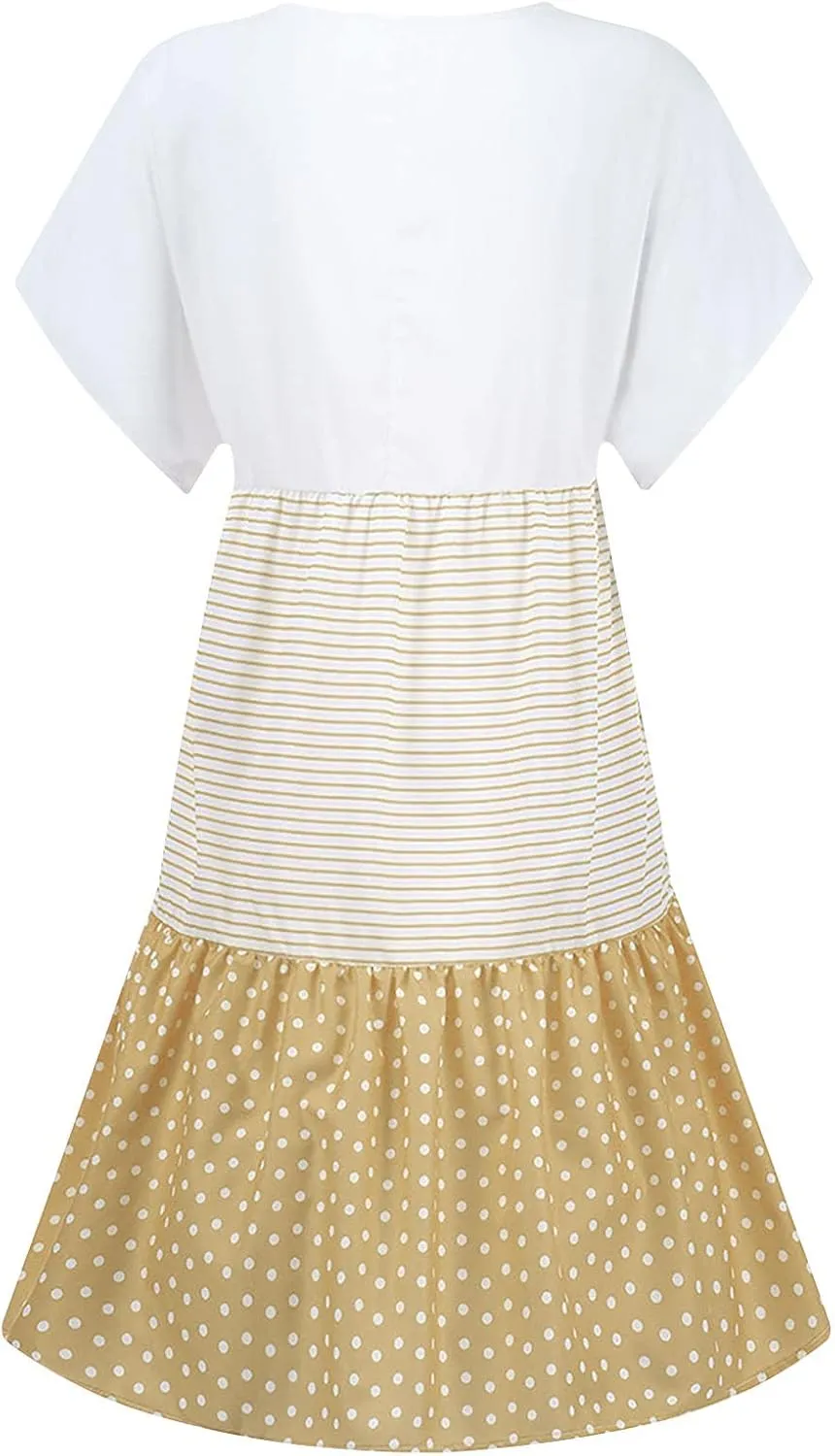 FZYLQY 2024 Plus Size Dress for Womens Polka Dot Striped Patchwork Tunic Dress Casual Summer Short Sleeve V Neck Sundresses
