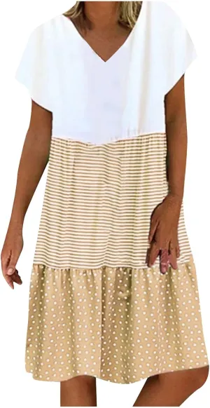 FZYLQY 2024 Plus Size Dress for Womens Polka Dot Striped Patchwork Tunic Dress Casual Summer Short Sleeve V Neck Sundresses