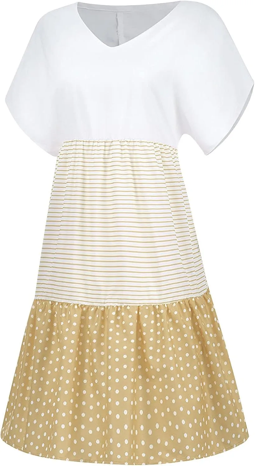 FZYLQY 2024 Plus Size Dress for Womens Polka Dot Striped Patchwork Tunic Dress Casual Summer Short Sleeve V Neck Sundresses