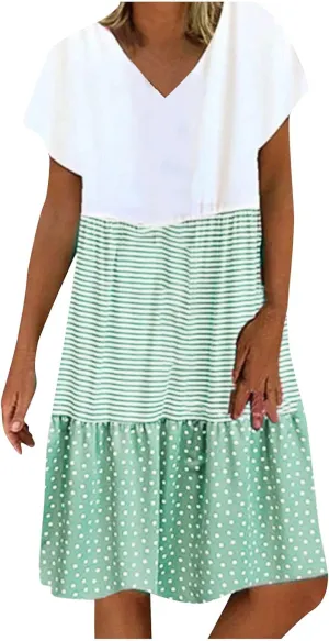FZYLQY 2024 Plus Size Dress for Womens Polka Dot Striped Patchwork Tunic Dress Casual Summer Short Sleeve V Neck Sundresses