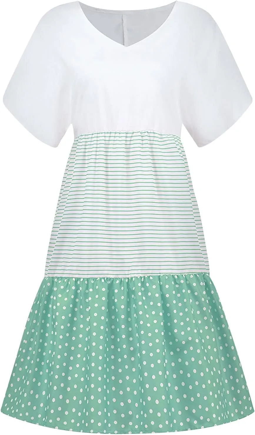 FZYLQY 2024 Plus Size Dress for Womens Polka Dot Striped Patchwork Tunic Dress Casual Summer Short Sleeve V Neck Sundresses