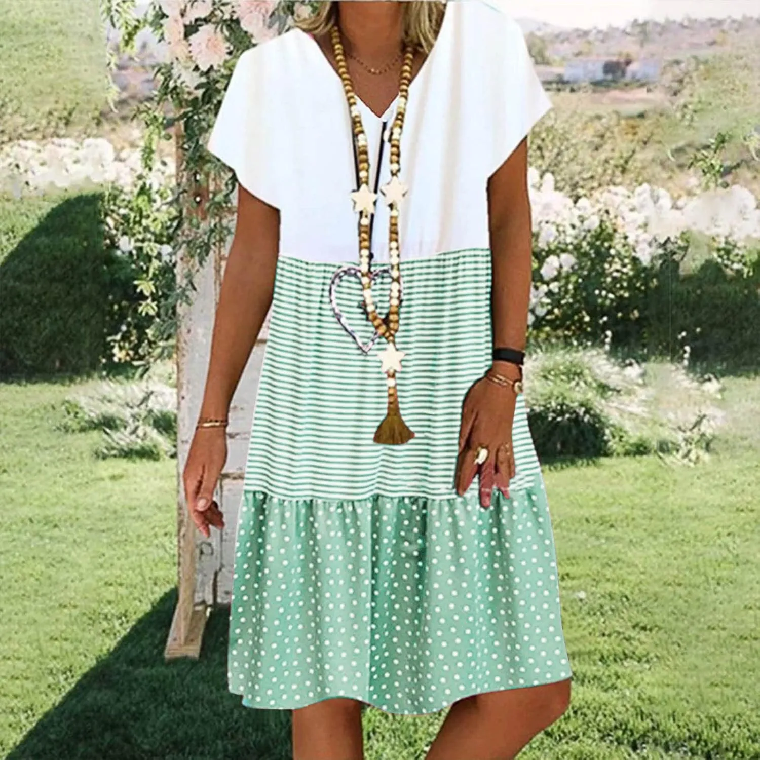 FZYLQY 2024 Plus Size Dress for Womens Polka Dot Striped Patchwork Tunic Dress Casual Summer Short Sleeve V Neck Sundresses