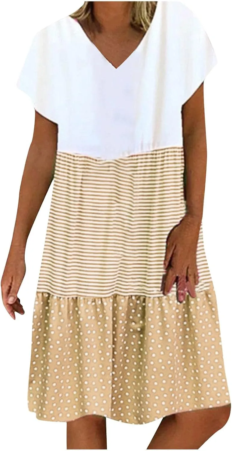 FZYLQY 2024 Plus Size Dress for Womens Polka Dot Striped Patchwork Tunic Dress Casual Summer Short Sleeve V Neck Sundresses