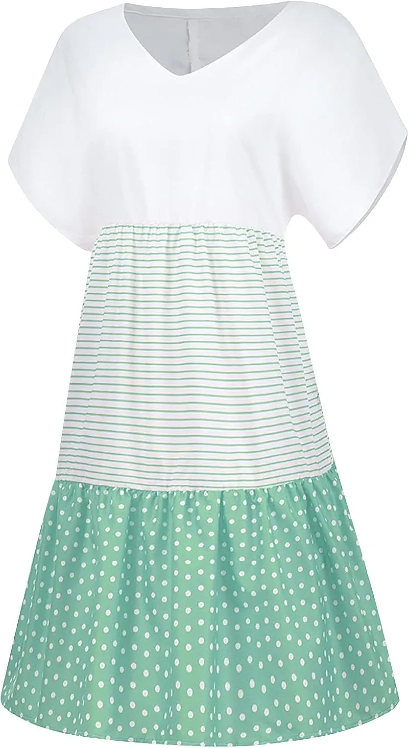 FZYLQY 2024 Plus Size Dress for Womens Polka Dot Striped Patchwork Tunic Dress Casual Summer Short Sleeve V Neck Sundresses