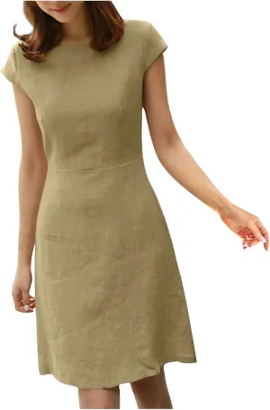 FZYLQY Women Summer Dresses 2024 Casual Back Zipper Cotton Linen Beach Vacation Knee Length Boat Neck Cap Sleeve Short Dress