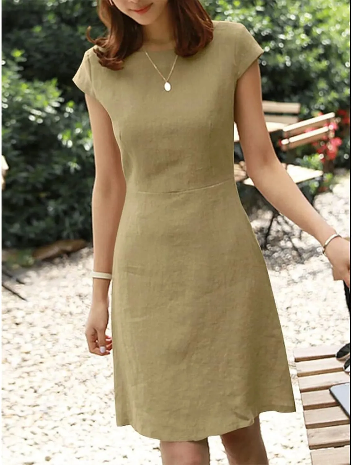 FZYLQY Women Summer Dresses 2024 Casual Back Zipper Cotton Linen Beach Vacation Knee Length Boat Neck Cap Sleeve Short Dress