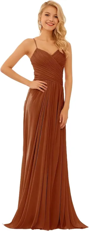 GATMAHE Bridesmaid Dresses V-Neck Flutter Sleeve Women's Halter Elegant Long Chiffon Pleated Formal Dress Evening Gown