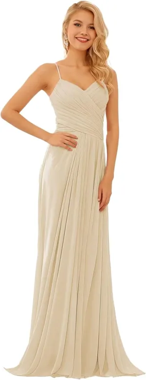GATMAHE Bridesmaid Dresses V-Neck Flutter Sleeve Women's Halter Elegant Long Chiffon Pleated Formal Dress Evening Gown