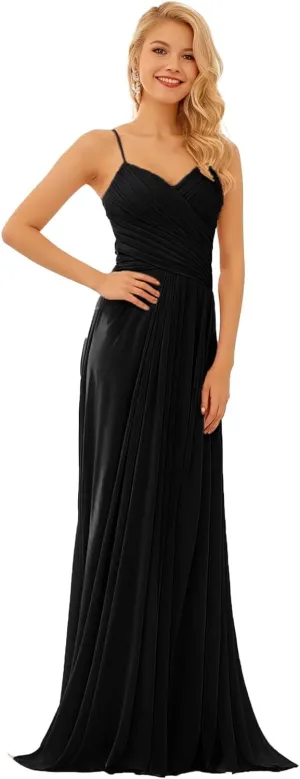 GATMAHE Bridesmaid Dresses V-Neck Flutter Sleeve Women's Halter Elegant Long Chiffon Pleated Formal Dress Evening Gown