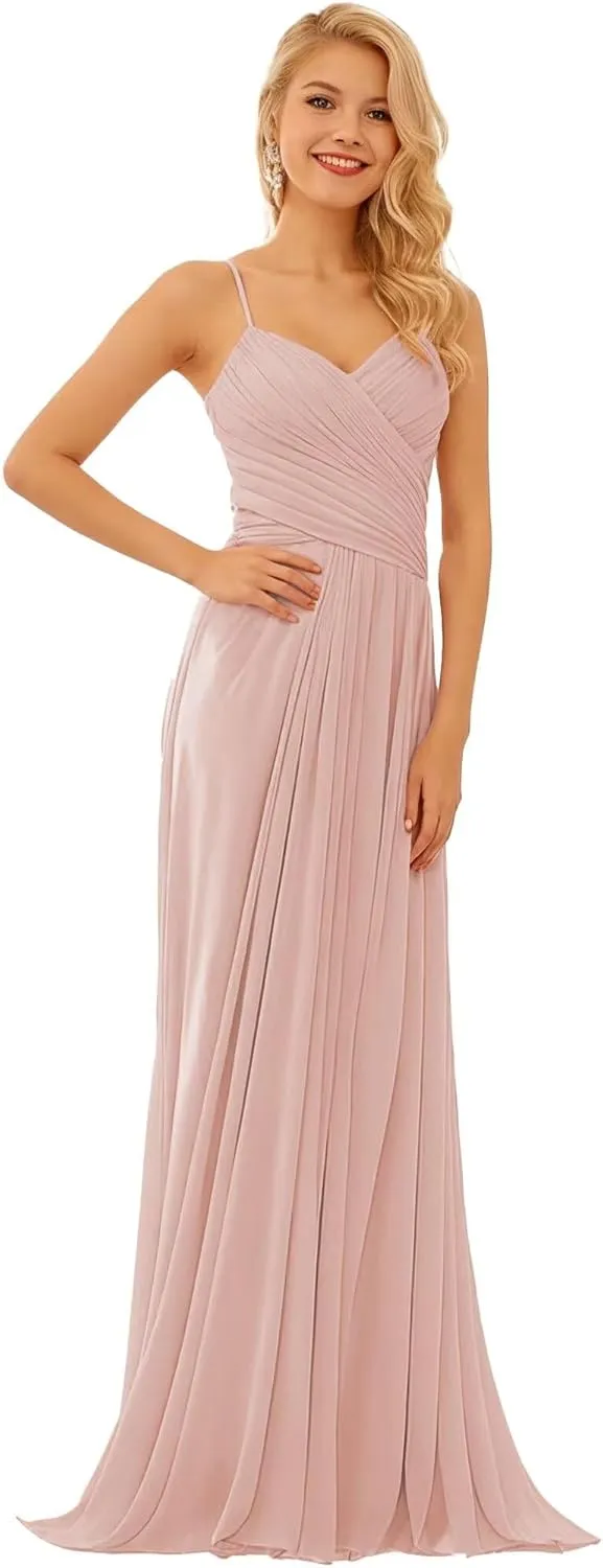 GATMAHE Bridesmaid Dresses V-Neck Flutter Sleeve Women's Halter Elegant Long Chiffon Pleated Formal Dress Evening Gown