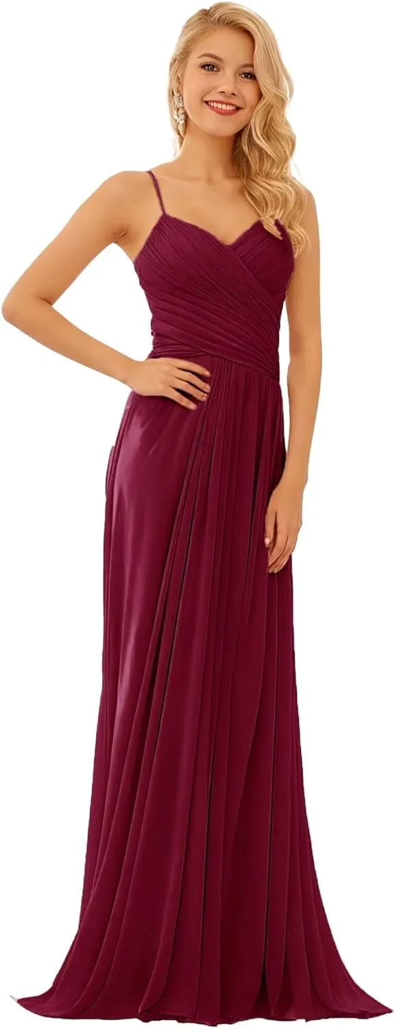 GATMAHE Bridesmaid Dresses V-Neck Flutter Sleeve Women's Halter Elegant Long Chiffon Pleated Formal Dress Evening Gown