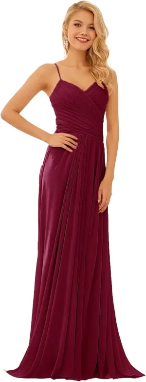 GATMAHE Bridesmaid Dresses V-Neck Flutter Sleeve Women's Halter Elegant Long Chiffon Pleated Formal Dress Evening Gown