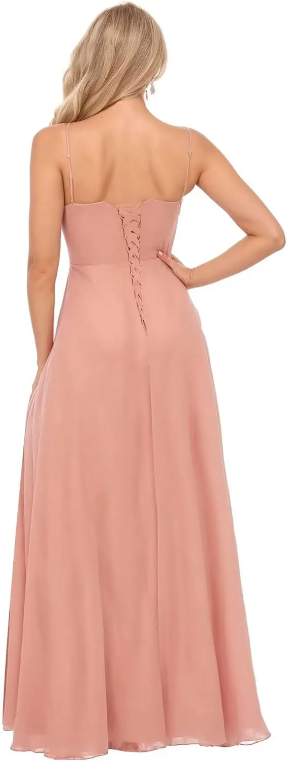 GATMAHE Bridesmaid Dresses V-Neck Flutter Sleeve Women's Halter Elegant Long Chiffon Pleated Formal Dress Evening Gown
