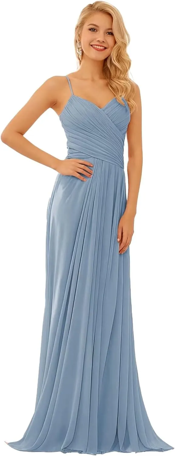 GATMAHE Bridesmaid Dresses V-Neck Flutter Sleeve Women's Halter Elegant Long Chiffon Pleated Formal Dress Evening Gown