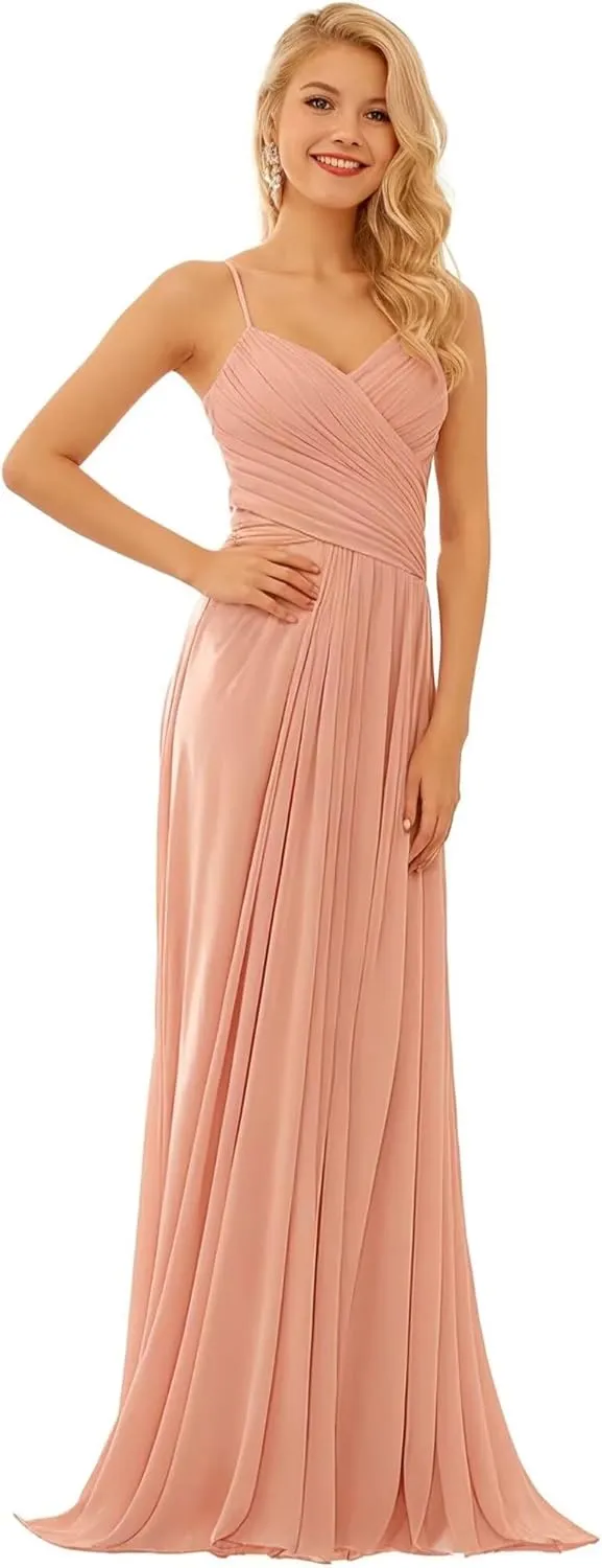 GATMAHE Bridesmaid Dresses V-Neck Flutter Sleeve Women's Halter Elegant Long Chiffon Pleated Formal Dress Evening Gown