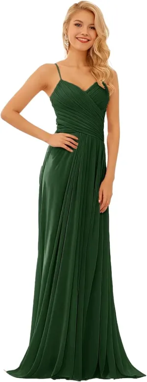 GATMAHE Bridesmaid Dresses V-Neck Flutter Sleeve Women's Halter Elegant Long Chiffon Pleated Formal Dress Evening Gown