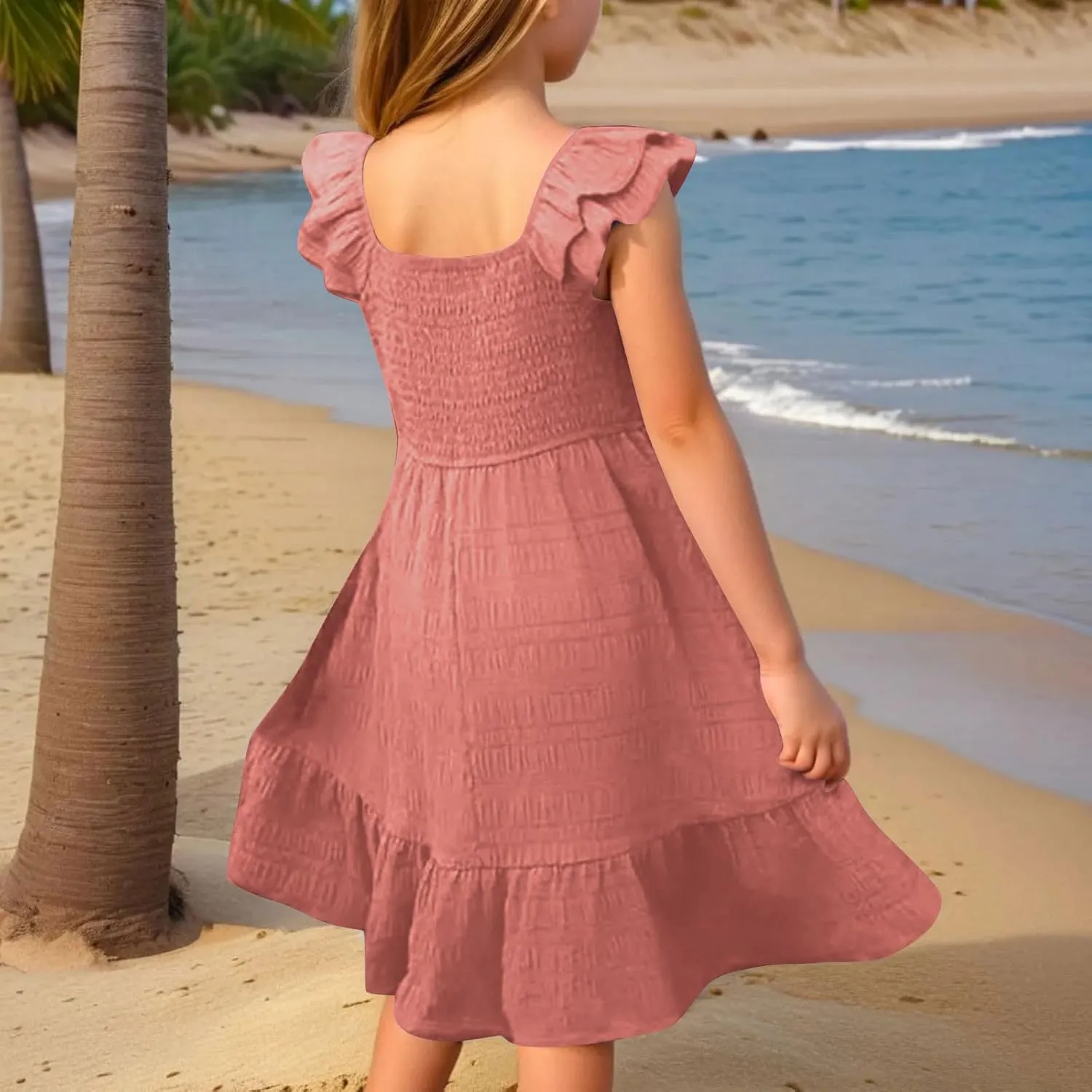 Girls Summer Dresses Cute Double Layer Ruffle Sleeve Smocked Flowy Dresses Beach Sundress Size for 3-15 Years