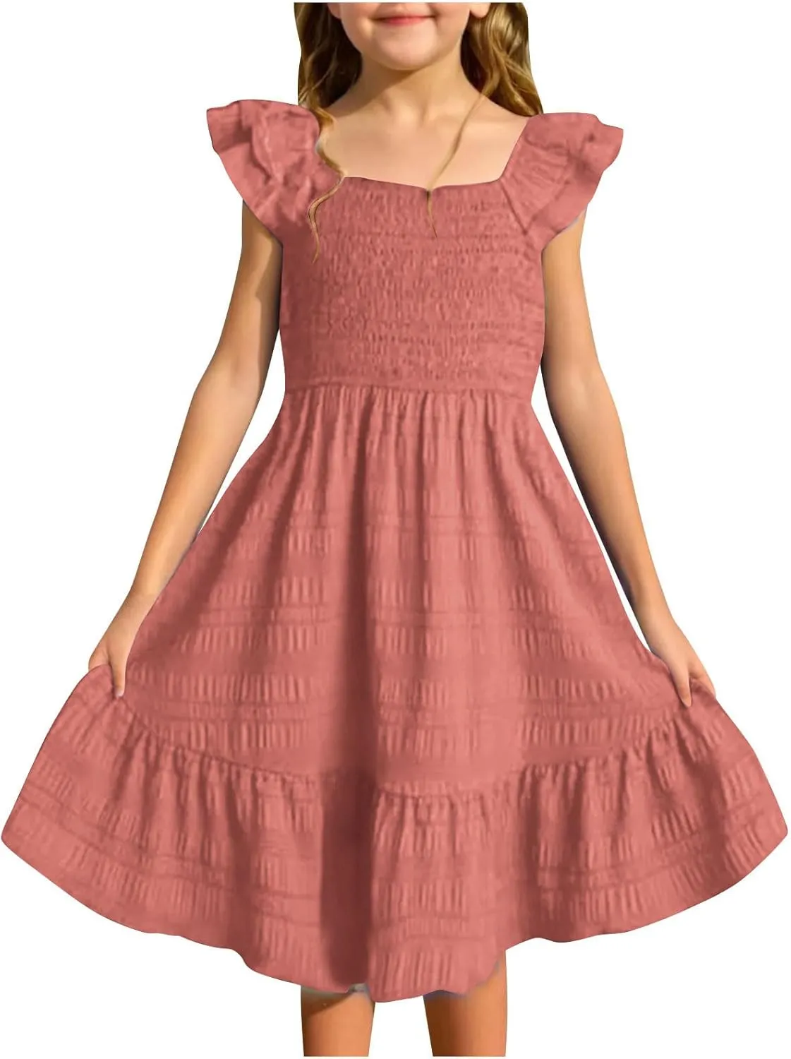 Girls Summer Dresses Cute Double Layer Ruffle Sleeve Smocked Flowy Dresses Beach Sundress Size for 3-15 Years
