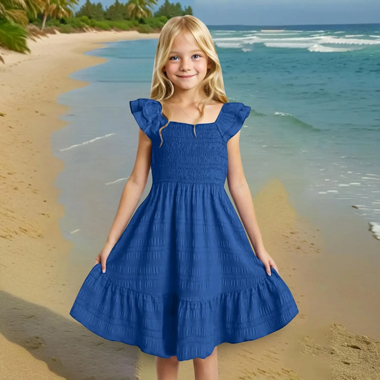 Girls Summer Dresses Cute Double Layer Ruffle Sleeve Smocked Flowy Dresses Beach Sundress Size for 3-15 Years
