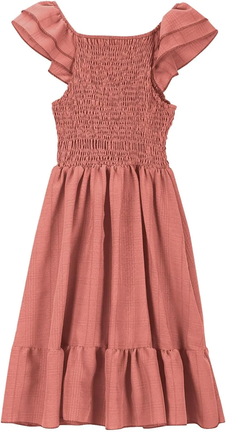 Girls Summer Dresses Cute Double Layer Ruffle Sleeve Smocked Flowy Dresses Beach Sundress Size for 3-15 Years