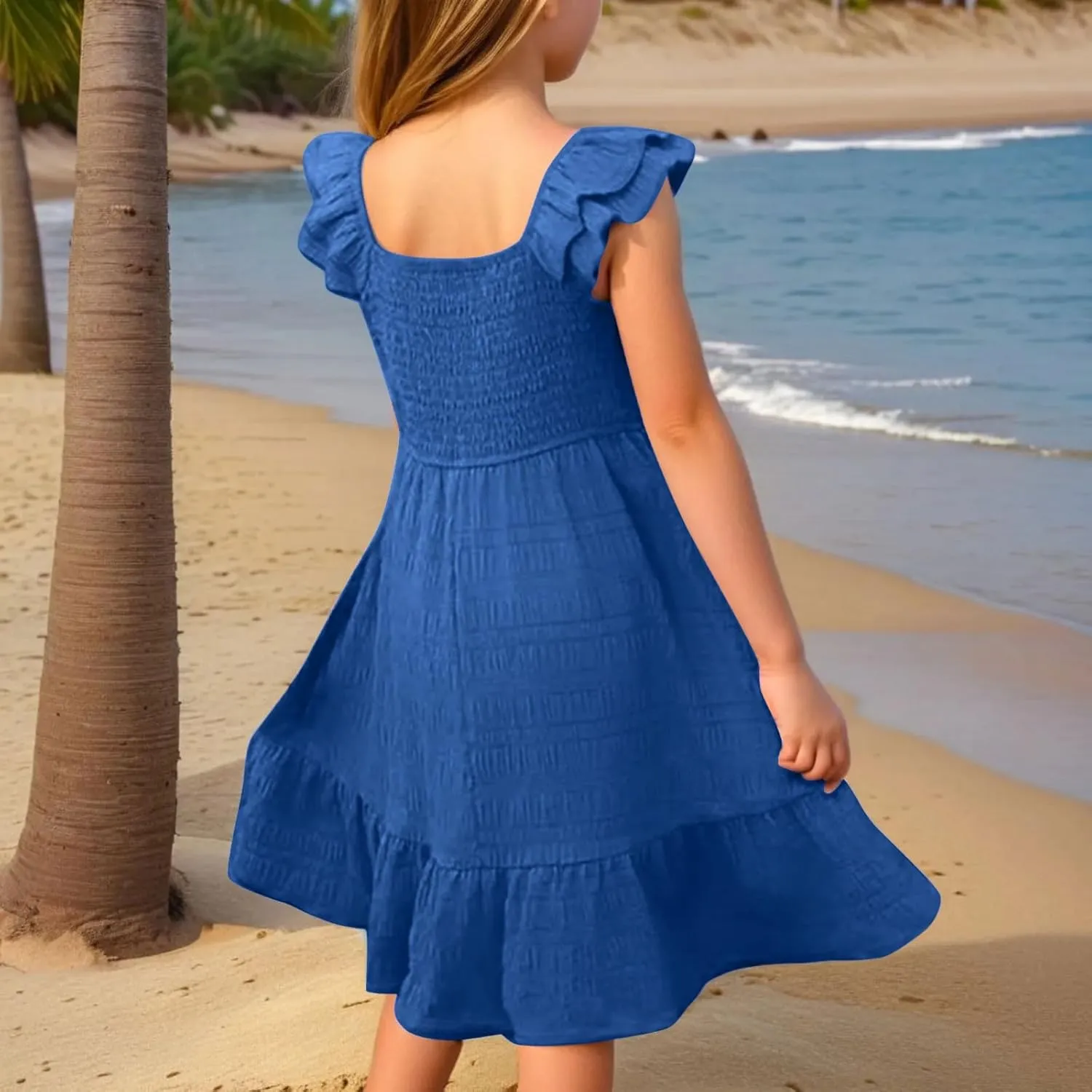 Girls Summer Dresses Cute Double Layer Ruffle Sleeve Smocked Flowy Dresses Beach Sundress Size for 3-15 Years