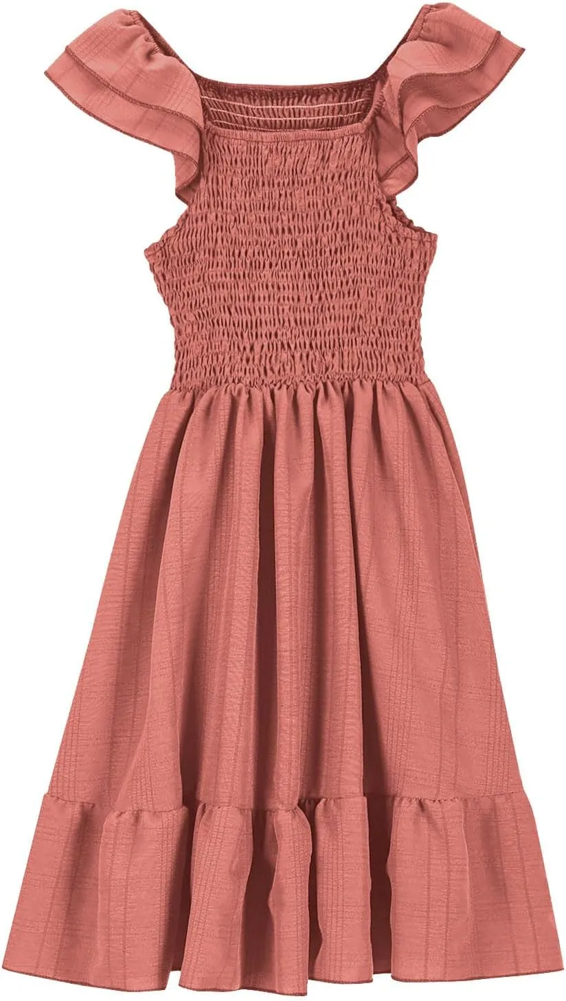 Girls Summer Dresses Cute Double Layer Ruffle Sleeve Smocked Flowy Dresses Beach Sundress Size for 3-15 Years