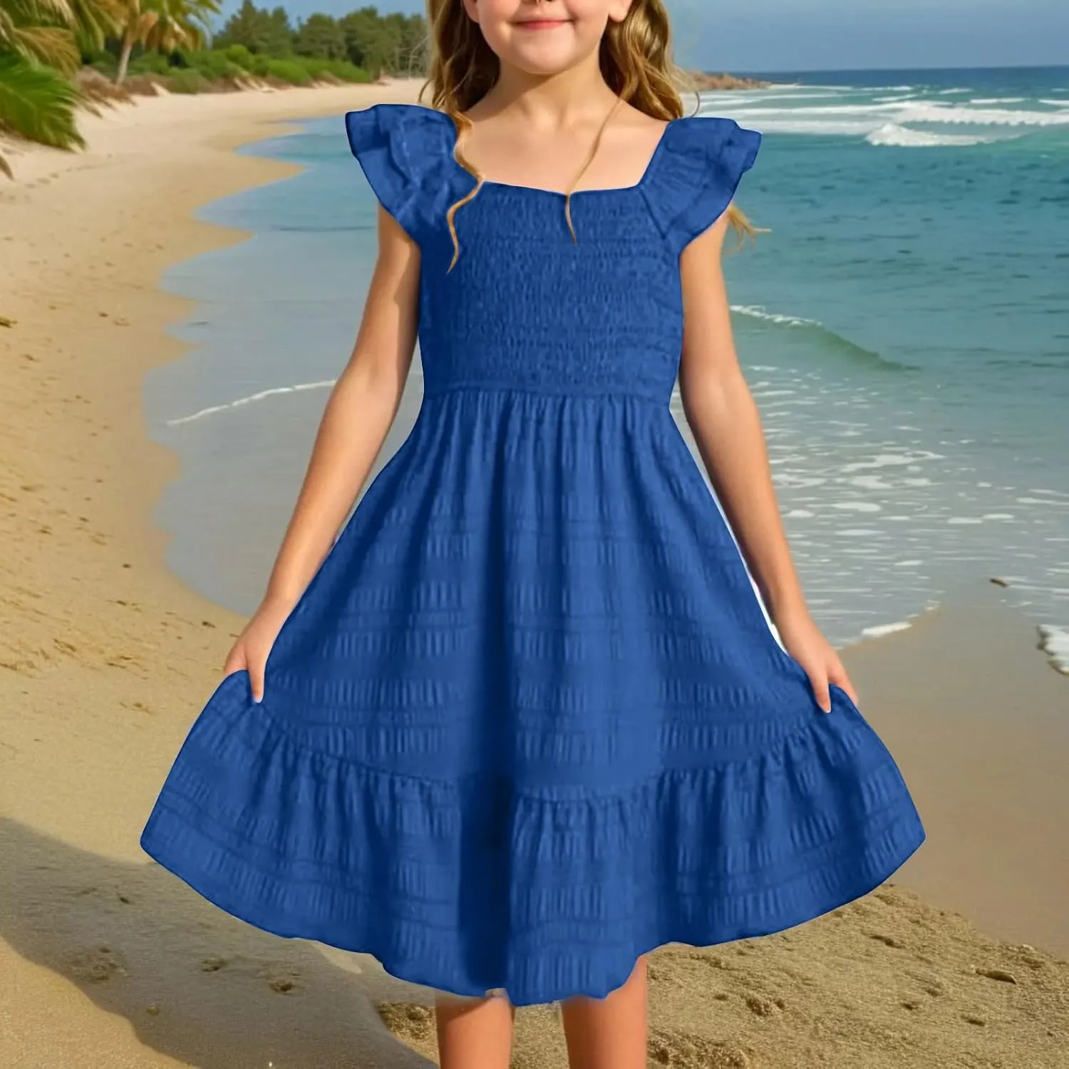 Girls Summer Dresses Cute Double Layer Ruffle Sleeve Smocked Flowy Dresses Beach Sundress Size for 3-15 Years