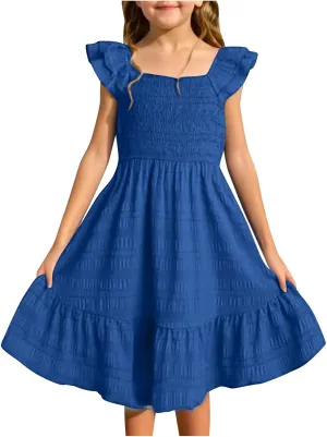 Girls Summer Dresses Cute Double Layer Ruffle Sleeve Smocked Flowy Dresses Beach Sundress Size for 3-15 Years