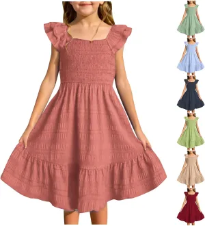 Girls Summer Dresses Cute Double Layer Ruffle Sleeve Smocked Flowy Dresses Beach Sundress Size for 3-15 Years