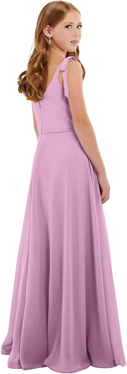 Girls V Neck Junior Bridesmaid Dress for Wedding Chiffon Pageant Flower Girl Dresses Pageant for Teens