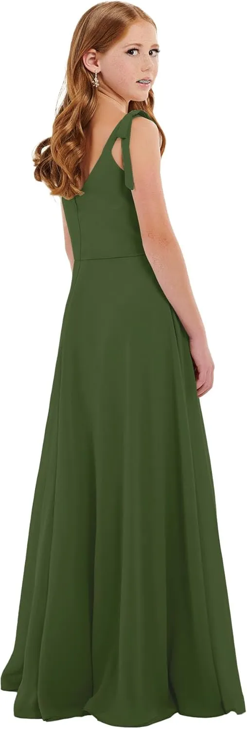 Girls V Neck Junior Bridesmaid Dress for Wedding Chiffon Pageant Flower Girl Dresses Pageant for Teens
