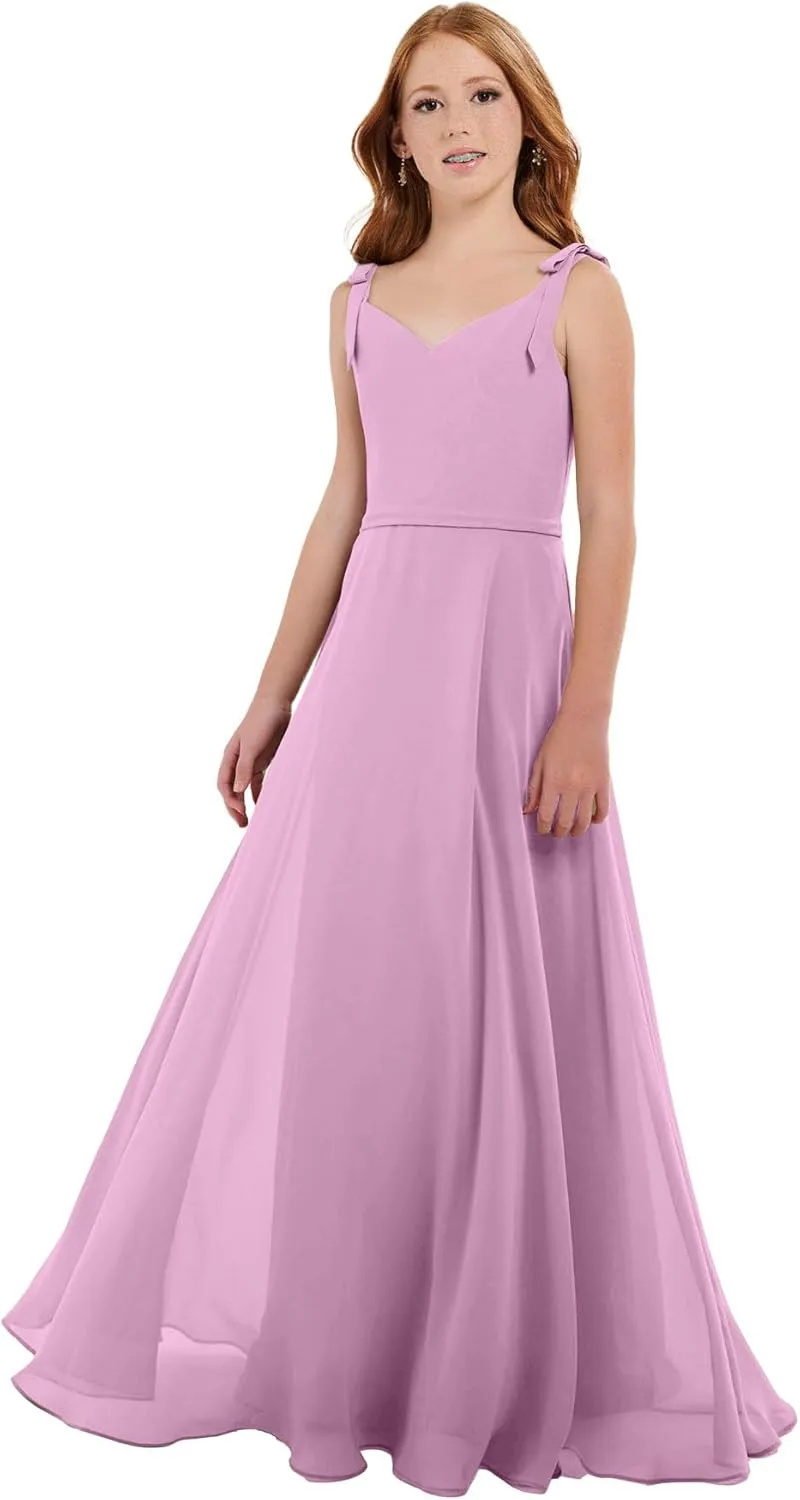 Girls V Neck Junior Bridesmaid Dress for Wedding Chiffon Pageant Flower Girl Dresses Pageant for Teens