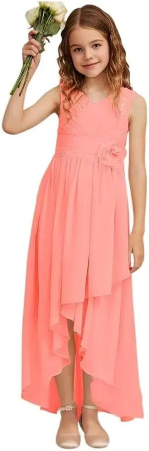 Girls V Neck Junior Bridesmaid Dress for Wedding Chiffon Sleeveless Flower Girl Dresses with Flower for Teens
