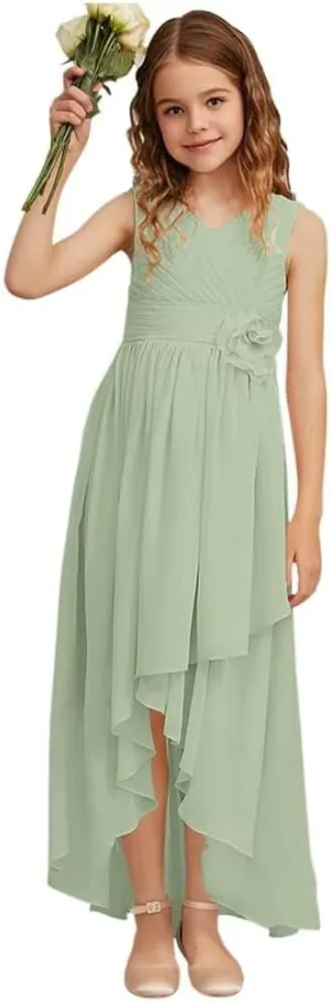 Girls V Neck Junior Bridesmaid Dress for Wedding Chiffon Sleeveless Flower Girl Dresses with Flower for Teens