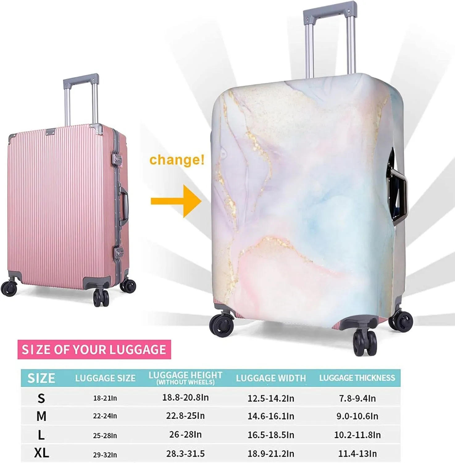 Glittering Gold Blue Pink Marble Travel Luggage Cover Fits 18-32 Inch Luggage, Elastic Suitcase Cover Protector with Concealed Zipper for Wheeled Suitcase Tsa Approved
