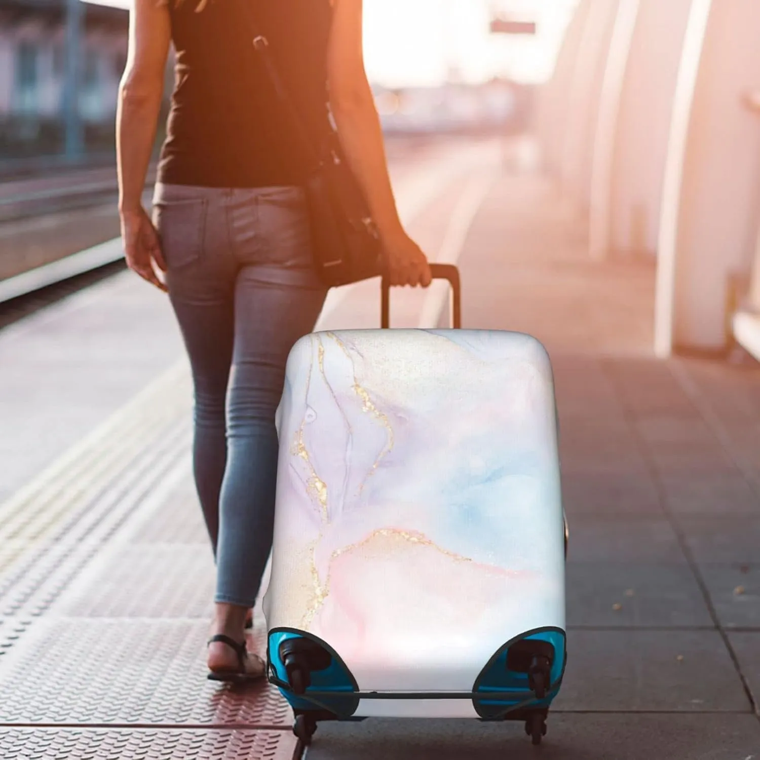 Glittering Gold Blue Pink Marble Travel Luggage Cover Fits 18-32 Inch Luggage, Elastic Suitcase Cover Protector with Concealed Zipper for Wheeled Suitcase Tsa Approved