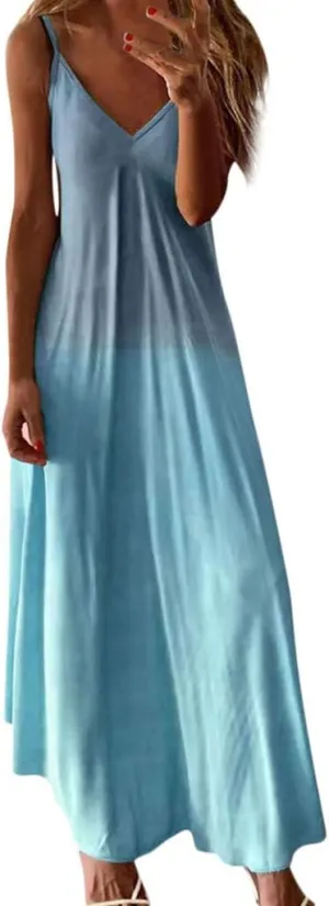 GOKKILRW Sundresses for Women Casual Beach 2024 Elegant V Neck Spaghetti Strap Sleeveless Loose Vacation Summer Maxi Dress