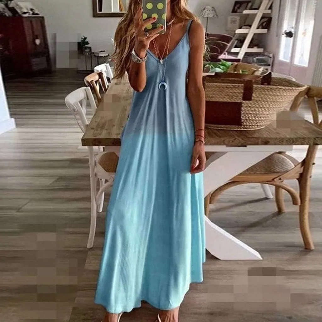 GOKKILRW Sundresses for Women Casual Beach 2024 Elegant V Neck Spaghetti Strap Sleeveless Loose Vacation Summer Maxi Dress