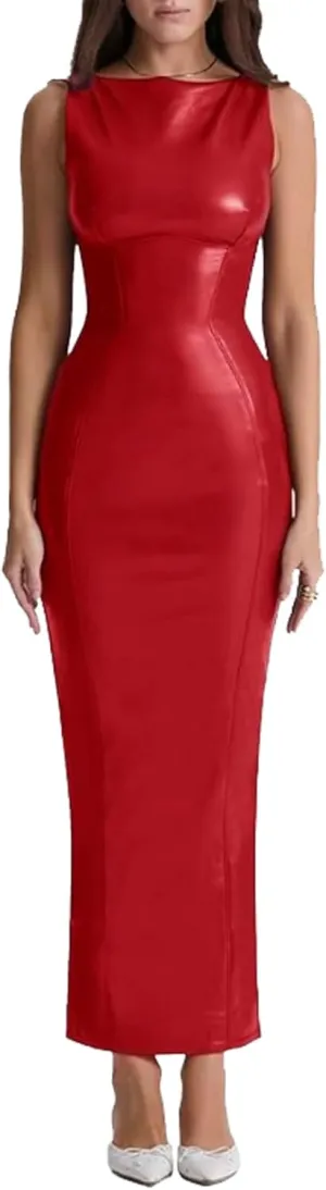 GOOHO Women's Faux PU Leather Bodycon Maxi Dress Sexy Boatneck Tank Long Dresses