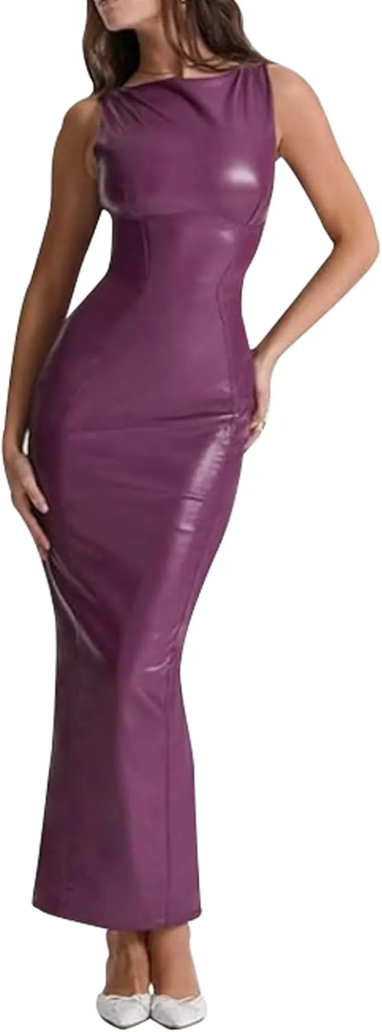 GOOHO Women's Faux PU Leather Bodycon Maxi Dress Sexy Boatneck Tank Long Dresses