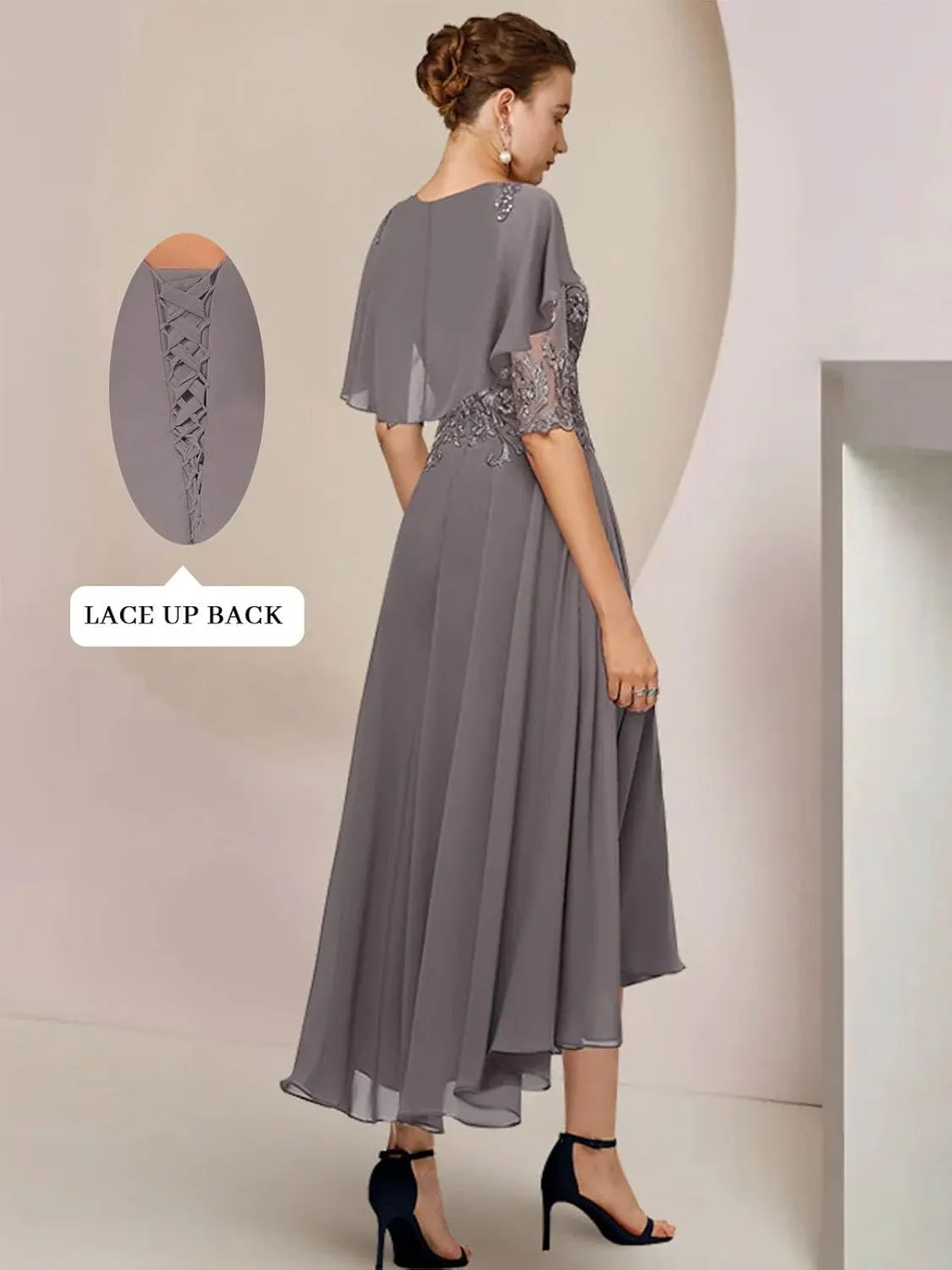 GUKARLEED Womens Mother of The Bride Dresses Formal Wedding Guest Scoop Neck Tea Length Chiffon Half Sleeve with Appliques