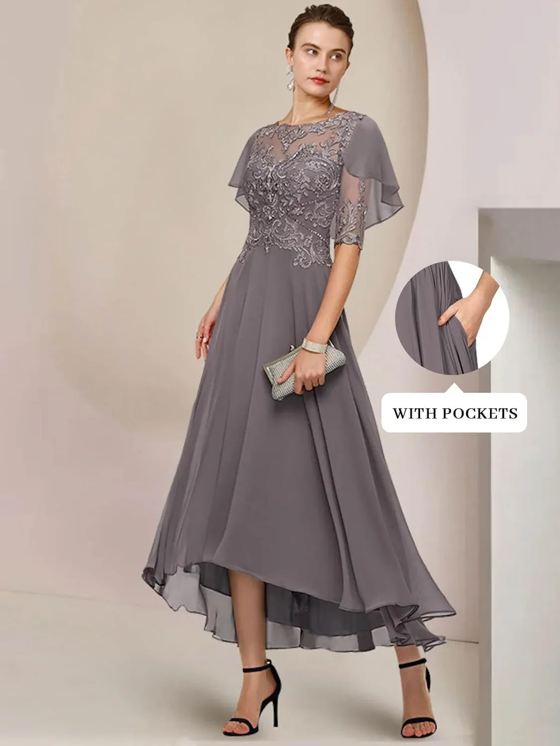 GUKARLEED Womens Mother of The Bride Dresses Formal Wedding Guest Scoop Neck Tea Length Chiffon Half Sleeve with Appliques