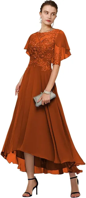GUKARLEED Womens Mother of The Bride Dresses Formal Wedding Guest Scoop Neck Tea Length Chiffon Half Sleeve with Appliques